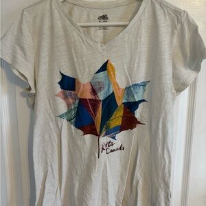 Roots White V-Neck Tee with Multicolor Patchwork Maple Leaf